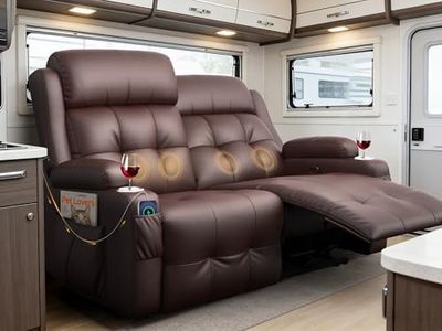Furgatti Reclining Loveseat, 55.1" RV PU Leather Wall Hugger Recliner Love Seats Sofa with USB-A/Type C Charging Station, Cup Holder, Double Recliners Couch, Manual Love Seat for RV & Gaming Room