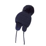 Newborn Baby Winter Earflap Hat Infant Toddler Boys Girls Solid Knitting Pompom Hat Fleece Lining Warm Beanie Hat Navy Blue