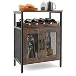 Giantex Wine Bar Cabinet, Industrial Liquor Cabinet with Glass Holder, Removable Wine Rack, Metal Mesh 2 Doors, Small Buffet Sideboard, Wine Table for Kitchen Living Room (Rustic Brown & Black)