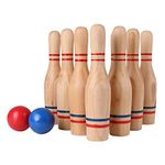 STERLING Sports Deluxe Wooden Lawn Bowling Skittles Set with Carrying Mesh Bag - 10 Heavy Solid Wooden Pins and 2 Balls - for Indoors and Outdoors