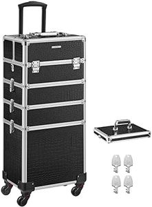 SONGMICS Maleta de Maquillaje Profesional, Maletín para Cosméticos 4 en 1, Extra Grande, Maletín de Peluquería, Con Tapa, 35 x 25 x 79 cm, Cerradura, Ruedas 360°, para Viaje, Regalo, Negro JHZ06B
