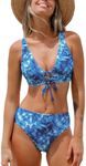 CUPSHE Women Bikini Sets Deep V Neck Self Tie Reversible Mid Waisted Bikini Bottom Two Piece Swimsuits Swimming Costume Blue/Tie Dye S