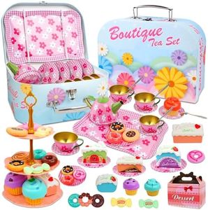 SMILESSKIDDO 46pcs Tea Party Set for Little Girls - Princess Tea Party Set,Kids Kitchen Pretend Play Toys - Toddler Tea Party Sets for Girls 3-5, Girls Tea Party Set Gift for 3 4 5 6 7 8 Girl(Flower)