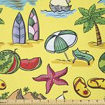 Lunarable Beach Fabric by The Yard, Doodle Style Summer Season Illustration with Starfish Boat Watermelon and Palm Trees, Stretch Knit Fabric for Clothing Sewing and Arts Crafts, 2 Yards, Green Lilac
