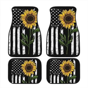 POLERO American Flag Sunflower Floor Mats for Cars Universal Front Rear Foot Mats Non Slip All Weather Fit Auto Accessories 4pcs