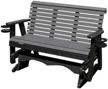 Ecommersify Inc 5FT-Dark Gray-Poly Lumber ROLL Back Porch Glider with Cupholder arms Heavy Duty Everlasting PolyTuf HDPE - Made in USA - Amish Crafted