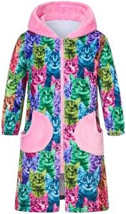 Funnycokid Girls Bathrobe Size 12-14 Pink Cat Fleece Robes Teen 13 Big Kids Zip Soft Bath Robe Plush Sleepwear Long Sleeve Pajamas