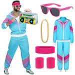 ATOWORLD 1980s 80s Fancy Dress Men Women Shell Suit 80s 90s Fancy Dress Costumes for Men Adult Stag Do Outfit 80s Dress up Theme Clothes Men 80s Costume Scouser Tracksuit Jacket Pant Accessories(M)