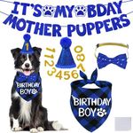 STMK Dog Birthday Decorations, Multi Sizes Dog Birthday Hat Dog Birthday Bandana Boy Bow Tie Birthday Numbers It’s My Bday Mother Puppers Banner for Medium Large Dogs Pets (Large, Blue)