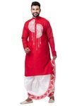 Cotton Kurta With Free size Silk Dhoti Set for Men, Full Sleeves Round Collar, Silk Self Men's Kurta South Dhoti Set (Red_04, 2-Extra Large)