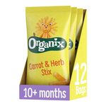 Organix Carrot Stix Organic Toddler Snack, Finger Food, Corn Puffs, 10+ Months, Multipack (4 x 15 g) (Pack of 3), Total 12 Bags