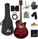 WINZZ HAND RUBBED Series - 40 Inches Cutaway Acoustic Acustica Guitar Beginner Starter Bundle with Online Lessons, Padded Bag, Stand, Tuner, Pickup, Strap, Picks, Red