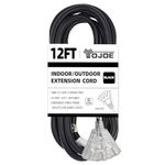 YOJOE 12 Ft 10 Gauge Outdoor Extension Cord with Multiple Outlets, Lighted End - 10/3 SJTW Heavy Duty Black Extension Cable with 3 Prong Grounded Plug for Safety,UL Listed