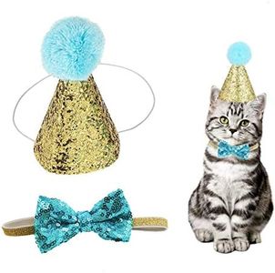 Novelty Pet Birthday Party Cone Hat and Bow Tie Collar Set, Adjustable and Pom-poms Topper for Kitten Puppy Small Dogs Cats (Light Blue)