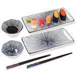 6 piece sushi plate set, 10-inch ceramic rectangle sushi dishes, sushi serving set for 2, with 2 sushi plates 2 sauce bowls 2 pairs of chopsticks