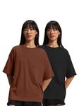 JUNEBERRY® Pure Cotton Drop Shoulder Oversized Baggy Fit Half Sleeve Plain Solid Round Neck Multicolor T-Shirt for Women & Girls (Pack of 2) (PO2_OS_JB_BR_BK_XXL)