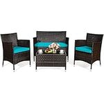 DORTALA 4-Piece Rattan Patio Furniture Set, Outdoor Sofa Table Set with Tempered Glass Coffee Table, Thick Cushion, Wicker Conversation Set for Garden, Lawn, Poolside and Backyard, Turquoise