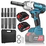 NUZEKY Cordless Electric Impact Wrench 1/2 inch: Max Torque 479 Ft-lbs(650Nm), 3300RPM, Brushless Impact Gun with 2X 3.0Ah Battery, Charger & 9 Sockets - High Power Impact Wrench for Car Home