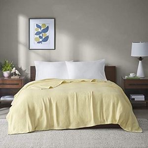 Madison Park Freshspun Basketweave Luxury Cotton Blanket Yellow 108x90 King Size Basketweave Premium Soft Cozy 100% Cotton for Bed, Couch or Sofa