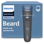Philips Beard Trimmer 3000 Series - Self-Sharpening Blades with Round Tips, 20 Lock-in Settings, Lift&Trim Comb, 100% Waterproof, Battery Indicator, USB Charging, Soft Pouch, Model BT3619/15