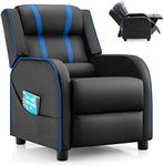 COSTWAY Children Recliner Chair, PU Leather Kids Armchair Sofa with Adjustable Backrest & Footrest, Side Pocket, Upholstered Gaming Lounger for Boys Girls (Black+Blue)