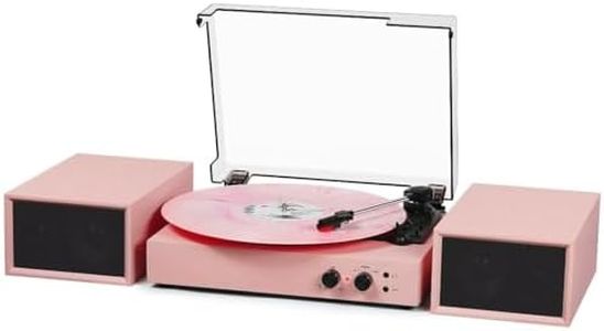 Vinyl Record Player with External Speakers, Vintage 3-Speed Turntable with Dual Speakers, Bluetooth Music Playback, MP3 PC Encoding, AUX Input Headphone Jack and RCA Out, Light Pink