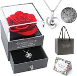 Hudux 1PCS Preserved Real Red Rose, Eternal Rose & Heart Necklace Eternal Rose Flowers Gift with I Love You in 100 Languages Romantic Gifts for Women Mom Wife Girlfriend on Anniversary Birthday(Red)