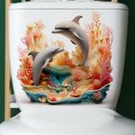 Dolphin Coral Toilet Cover Sticker Decals,Fish Bird Flower Leaf Waterproof Toilet Lid Tank Seat Decals Cistern Self-Adhesive Bathroom Wall Sticker