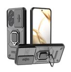 PEIYE Case for Honor 200, Soft Silicone & Hard PC Armor Cover with 360° Rotating Metal Ring & Slide Cover for Lens Protection (Black)