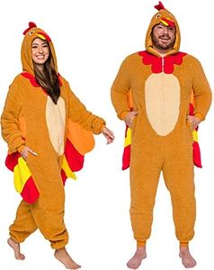 Funziez! Adult Autumn Brown Sherpa Turkey Animal Onesie, Halloween Costume | Thanksgiving Bird, Harvest Theme, Zipper Closure, Side Pockets, Cosplay Outfit, Themed Events, Festival Wear, Photo Booth Fun