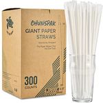 [300 Pack] Biodegradable 10 Inch Long Paper Drinking Straws Jumbo - Individually Wrapped, Plain White - for Restaurants, to-go Cups