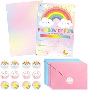 Nezyo 24 Set Rainbow Party Invitation with Envelope and Sticker Rainbow of Fun Party Supplies for Girls Boys Fill in the Blank Invites for Kids Birthday Baby Shower Decoration