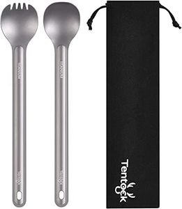 Tentock Titanium Long Handle Spoon Spork for Backpacking Meal Ultralight Camping Flatware Cooking Utensils Multifunctional Tableware with Storage Bag Ideal for Camping Hiking Picnic (Spoon+Spork set)