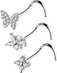 OUFER 3PCS Nose Studs, 20G Stainless Steel Butterfly Nose Ring Screw, Nostril Jewelry Shining CZ for Women and Men