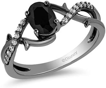 Jewelili Enchanted Disney Fine Jewelry Black Rhodium Over Sterling Silver 7x5 MM Oval Black Onyx and 1/10 Cttw Diamonds Maleficent Ring, Size 5