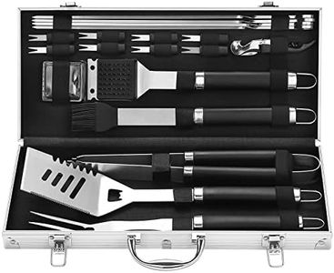 Grilljoy 20PCS Heavy Duty BBQ Grill Tools Set. Extra Thick Stainless Steel Fork, Spatula, Tongs & Cleaning Brush. Complete Barbecue & Grilling Accessories Kit in Aluminum Storage Case. Dishwasher Safe