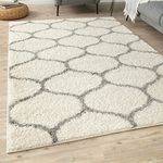 THE RUGS Shaggy Rug – Modern Moroccan Design Rugs for Living Room, Bedroom, Hallway, 3 cm Thick Area Rugs, (Trellis Ivory/Grey, 80x150cm)