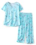 CHUNG Women Cotton Blend Pyjamas Set Short Sleeve Top Capri Pants Plus Size S-3XL Sleepwear Nighties Blue Butterfly, L