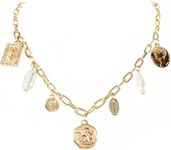 Charm Necklace for Women Chunky Charm Necklace Trendy Gold Paperclip Chain Necklace Safety Pin Necklace Evil Eye Pendant Necklace Hamsa Hand Leaf Clover Necklace for Her