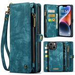 SWP Case for iPhone 14 Plus, Wallet Case w/Magnetic Detachable Cover [8 Card Slots] Clutch Wallet w/Wristlets Money Pocket for iPhone 14 Plus (Teal)