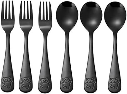 Pimoys 6 Pieces Kids Silverware Stainless Steel Toddler and Child Utensils, Childrens Safe Forks and Spoons Metal Cutlery Set, Engraved Bear, Black