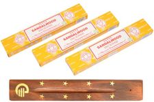 Original Satya Sandalwood Incense Sticks Pack of 3X 15G with Greensense Holder for Aromatherapy, Spa, Yoga, Weddings, Meditation, Healing, Positivity and Relaxation