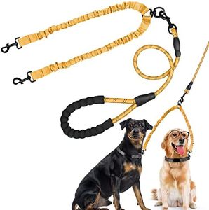 MingXpets Double Dog Leash, Dual Dog Leash, 360 Swivel Tangle Free Bungee Walking Training Leash for Large Medium Dogs, Shock Absorbing Bungee Reflective Leash for Two Dogs, 18~120 lbs, Yellow