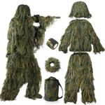 Ghillie Suit Camouflage Hunting Apparel Including Jacket, Pants, Hood, Carry Bag 3D Camo Hunting Clothes 5-Piece + Bag (Camo Woodland - Aldult)