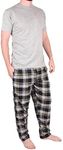 Mens Pyjamas Set Trousers Woven Check Lounge Pants Short Sleeve T Shirts Top (L, Grey - PjamaSet-21)