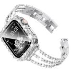 Surace Compatible with Apple Watch Bands 41mm for Women Series 9 8 7, Bling Diamond Rhinestone Link Bracelet with 2 in 1 Waterproof Bling Case Lace Edge Diamond Protective Bumper Face Cover, Silver