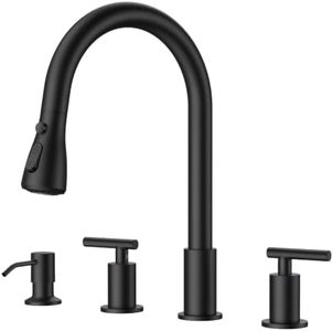 FORIOUS Separate Handle Kitchen Faucet with Soap Dispenser, Black | No-Lead SUS304 Stainless Steel, 3-Mode Pull Down Sprayer, 4-Hole Deck Mount, 2-Handle Sink Faucet for Farmhouse Laundry Bar