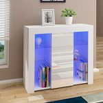 Panana High Gloss Sideboard Cupboard with LED Lights and 4 Glass Shelves Display Cabinet Storage Unit for Living Room Bedroom (White)