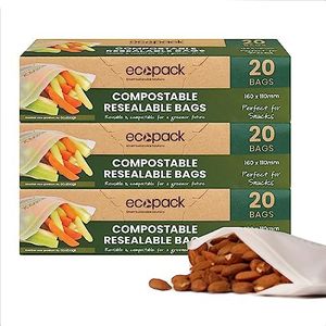 Ecopack Compostable Resealable Reusable Snack Bags- 60 Bags, set of 3, Eco Friendly, Plant-based, Zero Waste, Non-toxic, Plastic Alternative Ziplock Bags for Food Storage (6.3”x4.3”)