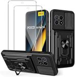 GEJEFA Case for Xiaomi Poco X6 PRO 5G + 2 Pack Screen Protector, Military Grade Ring Kickstand Shockproof Rugged Protective Case with Credit Card Slot & Sliding Camera Cover, Black